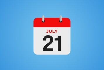 Icon calendar day. 21 July. 21th days of the month, illustration style. Date day of week Sunday, Monday, Tuesday, Wednesday, Thursday, Friday, Saturday. 