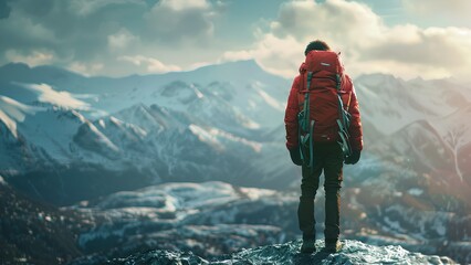 Obraz premium Mountain Explorer - Traveler with Backpack Adventure