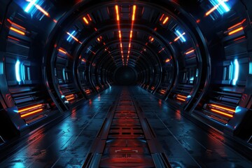 Fototapeta premium Futuristic Sci-Fi Corridor with Glowing Neon Lights. A 3D Rendering
