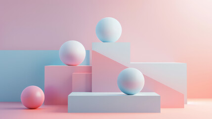 a modern abstract setup with pastel-colored geometric shapes on a multi-level podium