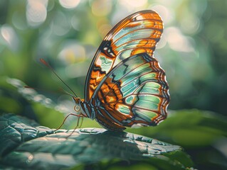 Close-up of a vibrant butterfly perched gracefully on a lush green leaf, its intricate patterns and iridescent wings shimmering in the soft sunlight of a garden