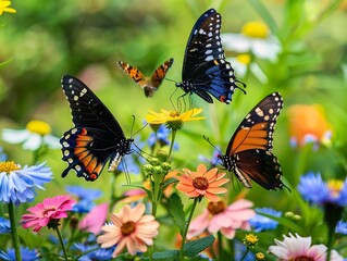 Naklejka premium Group of butterflies dancing elegantly around a cluster of colorful wildflowers, their graceful movements captured against a backdrop of verdant foliage