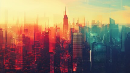 Obraz premium Abstract cityscape with vibrant colors and urban skyline at sunset showcasing modern architecture in a surreal setting.