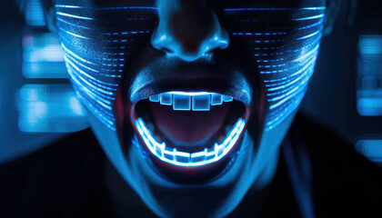 Hologram vampire, digital fangs, futuristic cityscape, dark and moody atmosphere