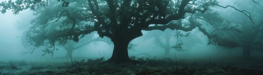 Obraz premium An eerie, foggy forest with a prominent tree in the foreground, creating a mysterious and moody atmosphere.