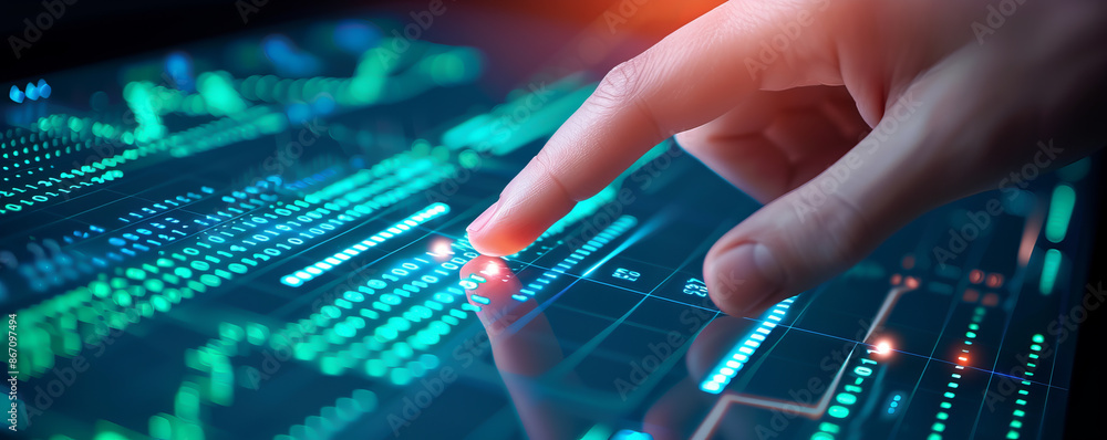 Poster close-up of a hand interacting with a digital touchscreen displaying financial data and charts, sign