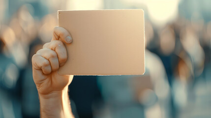 Close-up of a hand holding a blank card in a crowd, perfect for messages or announcements in a lively urban setting.