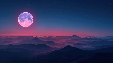Fototapeta premium A breathtaking image of a pink full moon over serene mountains at twilight, creating a peaceful and dreamlike atmosphere.