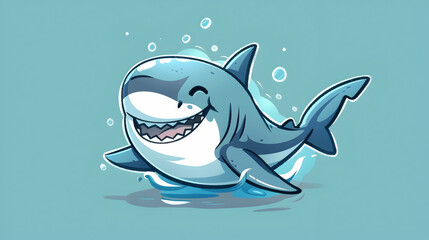 a cartoon shark with an open mouth and black eye swims in the ocean