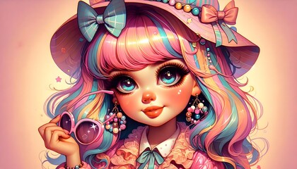 Fototapeta premium ilustración infantil, niña, chibi, animé, kawaii, ojos expresivos, saludo, ambiente pastoril, estilo japonés, bebé, cabello, moda, arte, glamour, niño, maquillaje, falda, estilo, rosa