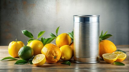 Metallic can with lemons and oranges mock-up, metallic, can, lemons, oranges, mock-up, fresh fruit, citrus, healthy