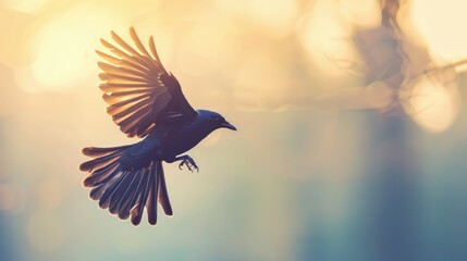 Fototapeta premium Bird in flight, spread wings, clear sky, midair, close up, focus on, copy space, vibrant tones, Double exposure silhouette with feathers