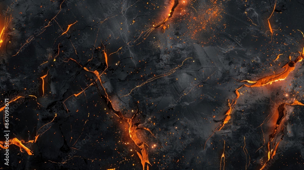 Poster abstract black fluid with orange glowing streaks and particles. digital artwork or abstract image of