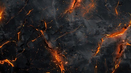 Abstract black fluid with orange glowing streaks and particles. Digital artwork or abstract image...