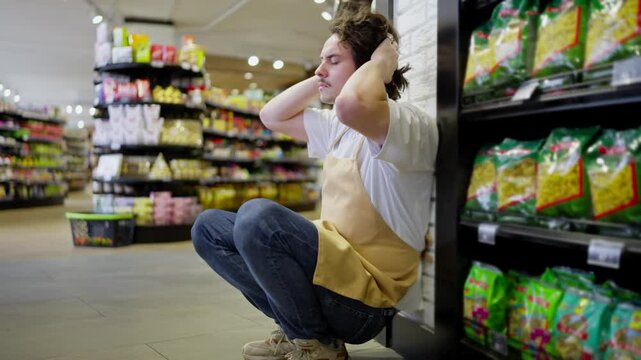 A tired guy with curly hair a supermarket worker leans on the wall near the shelves with products and takes a break during a busy day at work