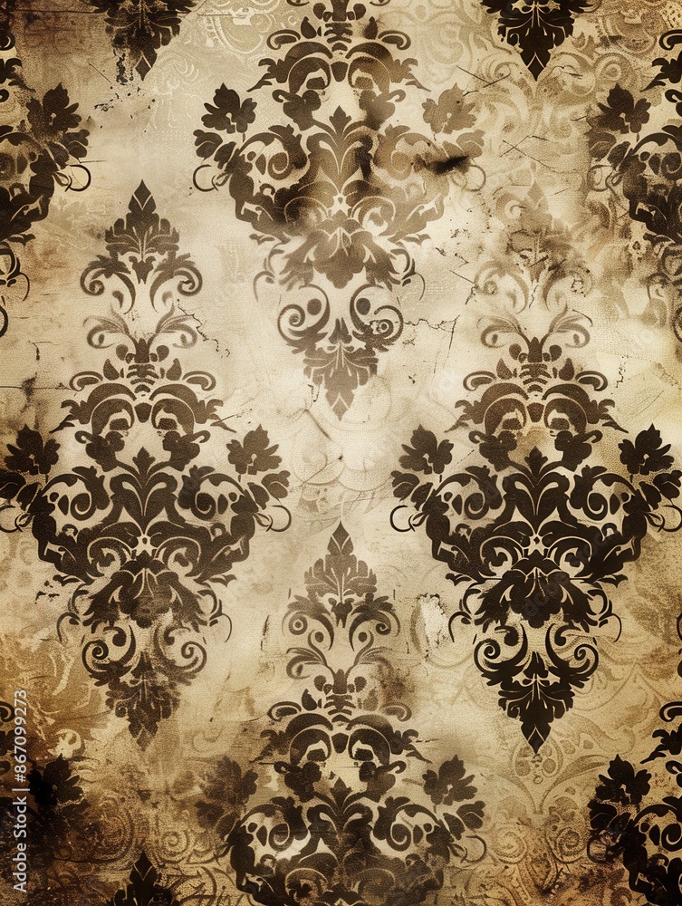 Poster Vintage floral wallpaper with intricate designs in warm brown. Perfect for adding elegance & nostalgia to projects. Generative AI