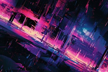Fototapeta premium Vibrant cyberpunk cityscape with neon lights reflecting in water. Abstract futuristic city illustration in pink and blue colors.