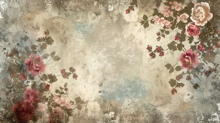 A vintage floral wallpaper background featuring delicate roses and leaves, perfect for antique shops, retro-style cafes, or creating a nostalgic atmosphere. Generative AI