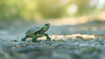 Naklejka premium a small turtle with a black eye and green tail sits on the ground next to a blurry fish