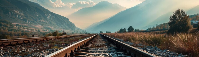 A serene railway track extends into the distance, framed by majestic mountains and a tranquil landscape under a cloudy sky at sunset.