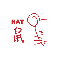 Chinese zodiac signs, horoscope icons set. Animal symbol rat. Twelve animal avatars. With Chinese writing.