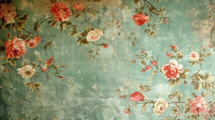 A vintage floral wallpaper pattern with faded roses and greenery in pastel hues, evoking nostalgia and elegance. Generative AI