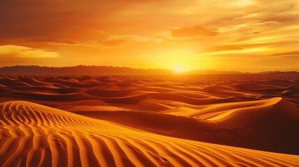 Naklejka premium Desert dunes at sunset, golden hues, rolling sands, tranquil scene, close up, focus on, copy space, vibrant tones, Double exposure silhouette with evening sky