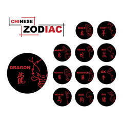 Chinese zodiac signs, horoscope icons set. Symbols of animals, snakes, roosters, tigers, rats, rabbits, pigs, cows, monkeys, goats, horses, dragons and dogs. Twelve animal. With Chinese writing.