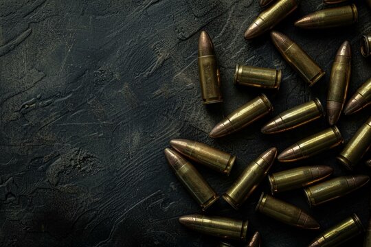 Group of 9mm bullets are lying on a dark grey surface, creating a powerful image of danger