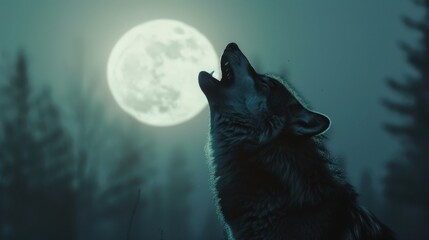 A wolf howling under a full moon, silhouetted against a forest backdrop on a misty night. Mysterious and enchanting wilderness scene.