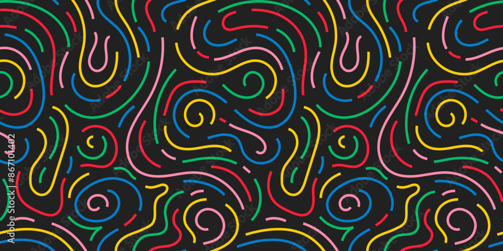Poster fun colorful line doodle seamless pattern. creative minimalist style art background for children or 