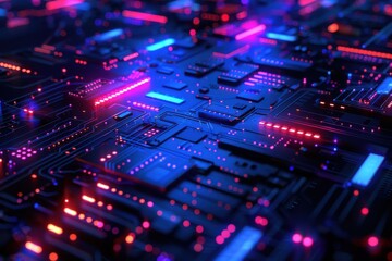 Obraz premium Futuristic Circuit Board with Neon Lights. Technology and Computing Background
