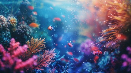Beautiful underwater coral reef scene with vibrant colors, exotic fish, and natural oceanic beauty in a dreamy aquatic environment.