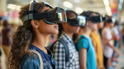 Digital Classroom Revolution: Tech-Empowered Learning: students in school having a class while wearing VR headsets, future of education