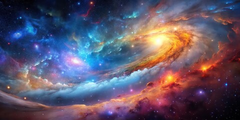 Naklejka premium Galaxy with colorful clouds and stars in space, galaxy, space, clouds, colorful, stars, black background, nebula