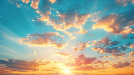 Obraz premium Cloudscape at sunset, golden hues, dramatic sky, expansive view, close up, focus on, copy space, vibrant tones, Double exposure silhouette with sun rays