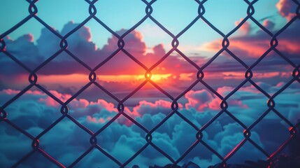 Fototapeta premium Sunset through Chain Link Fence.