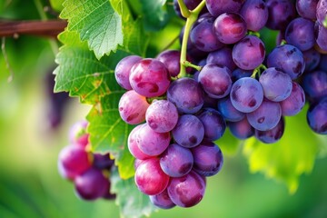 Fototapeta premium Close up of ripe purple grapes growing in vineyard, ready for harvest