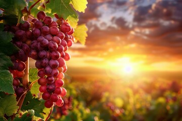 Close up of ripe red grapes hanging on a vine with a blurred background of a vineyard at sunset