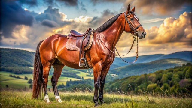 A majestic brown horse stands proudly in a serene landscape, adorned with a intricately designed leather surcingle and reins.