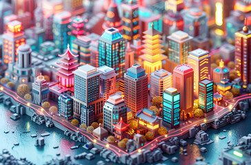 A bustling city skyline at night, filled with towering skyscrapers illuminated by bright lights.