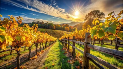 Naklejka premium Vineyard landscape with lush green grapevines, yellowing leaves, and rustic wooden fence under a warm sunny harvest season atmosphere.