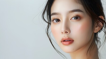 Naklejka premium Captivating portrait of elegant Asian woman showcasing flawless glowing skin and natural beauty