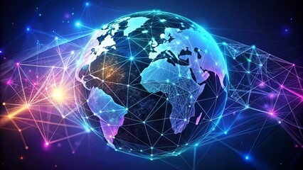 Fototapeta premium Futuristic abstract background featuring low poly Earth map with interconnected lines, glowing nodes, and dark blue and purple hues vector art.