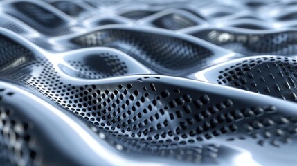 Abstract background of futuristic, metallic, and wavy surface with holes. Concept of modern technology, science fiction, and innovation.