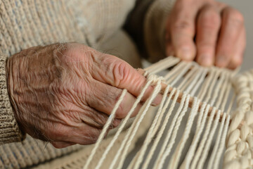 Close-up of elderly hands weaving with yarn, showcasing traditional craftsmanship and the art of handmade textiles in warm, natural lighting.
