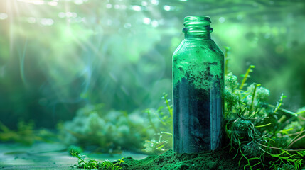 Premium Spirulina Extract in Modern Green Bottle, Aquatic Environment with Fresh Spirulina