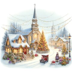 Snowy Christmas Village with Church and Decorated Christmas Tree
