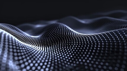 Abstract background of flowing digital particles. Big Data visualization, wave pattern with points and lines. Technology, science, or music concept.