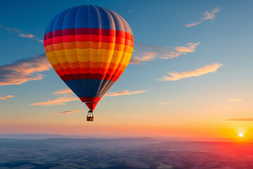 Fototapeta premium Colorful hot air balloon floating over scenic landscape at sunset, creating a tranquil and picturesque view of the sky and horizon.